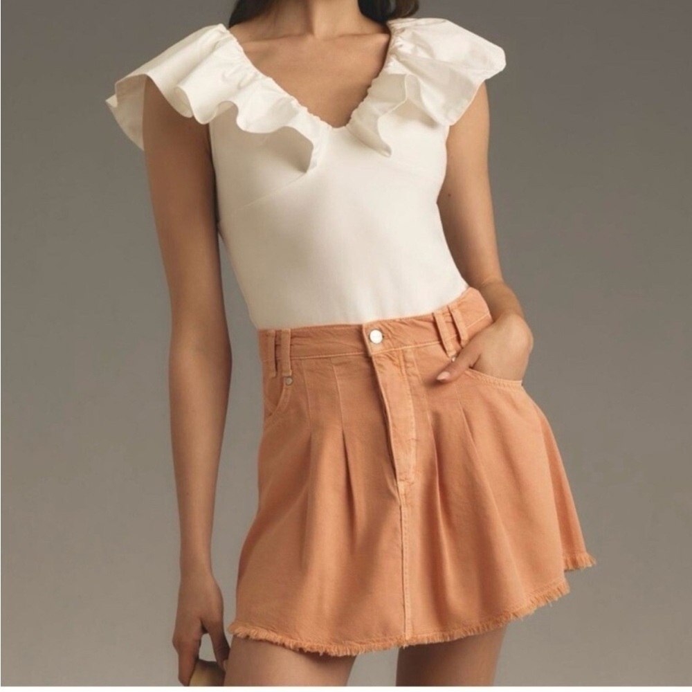 Anthropologie Pilcro Peach Pleated Micro Denim Mini Skirt with a Frayed Hem - Picture 10 of 12